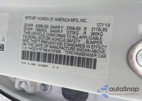 2019 Honda Accord Lx from USA, damaged, VIN 1HGCV1F19KA137926